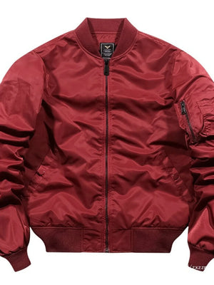 Men's red zip-up bomber jacket with ribbed collar, cuffs, and hem, and a zippered sleeve pocket.