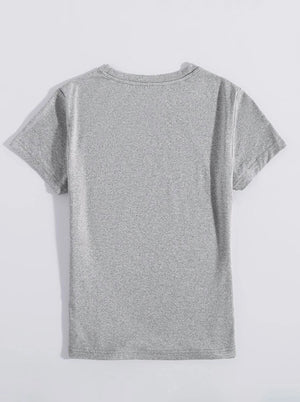 Gray heather t-shirt with crew neck and short sleeves.