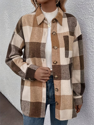 Oversized camel plaid shacket with button detail and chest pocket.