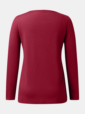 Burgundy ribbed Henley scoop neck long sleeve top