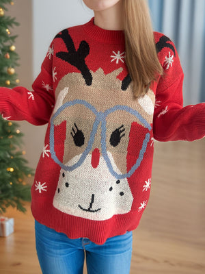Red acrylic knit sweater with reindeer and snowflake graphic, crew neck, long sleeves.