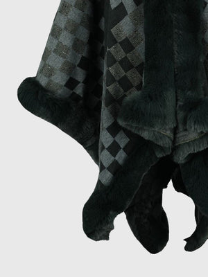 Charcoal diamond checkered poncho with faux fur trim detail