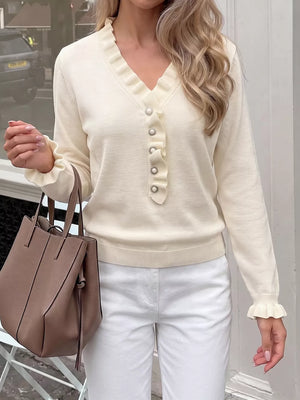 Ruffle Trim Pearl Button V-neck Knit Top in Apricot, front view
