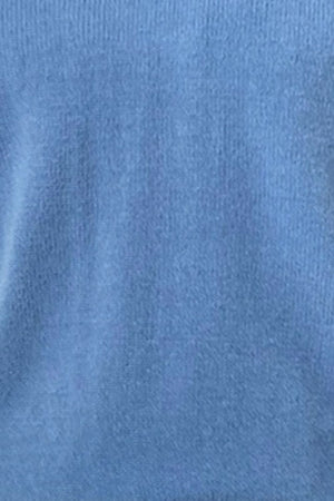 Blue knit pullover sweater with ribbed texture and V-neck.