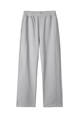 Gray seamed lounge trousers with elastic waistband and side pockets.