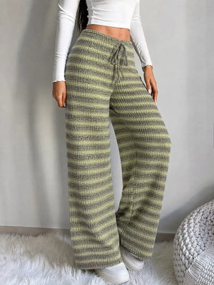 Striped Knit Wide-leg Pants in Army Green, side view