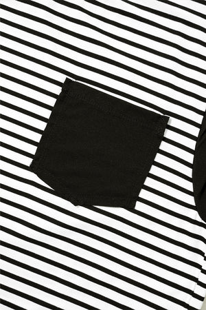 Black and white striped t-shirt with a black chest pocket detail.