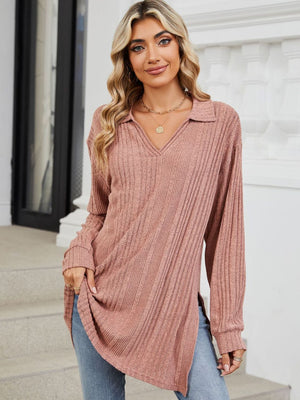Dusty pink ribbed knit collared tunic with slit hem and long sleeves.