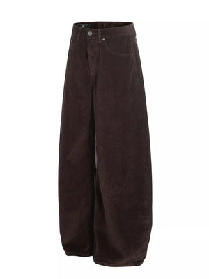 Brown corduroy wide-leg joggers for men with button fly and adjustable waist.