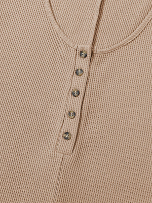 Camel waffle knit button-down romper with henley neckline and button details
