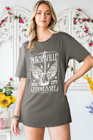 Mid Gray relaxed fit cotton tee with Nashville Music City Tennessee graphic