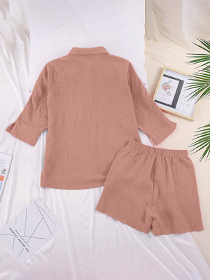 Gauze cotton resort shirt and shorts set in coral pink, breathable loungewear with buttoned shirt and elastic waist shorts.