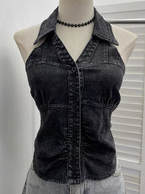 Gathered black denim halter top with collar and button front.