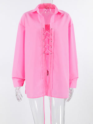 Pink cotton lace-up front relaxed fit shirt with long sleeves and collar