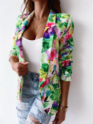 Vibrant Floral Print Open Front Blazer in Red, fabric detail