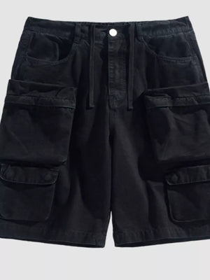 Black cargo shorts with multiple pockets and drawstring waist.