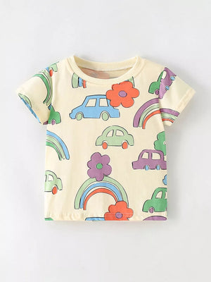Baby t-shirt in light yellow cotton with a playful cartoon car and rainbow print.