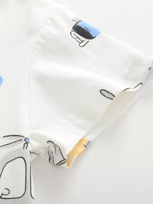 White cotton toddler t-shirt with a charming vehicle print and short sleeves.