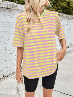 Relaxed fit striped tee with contrast green neckline and short sleeves.