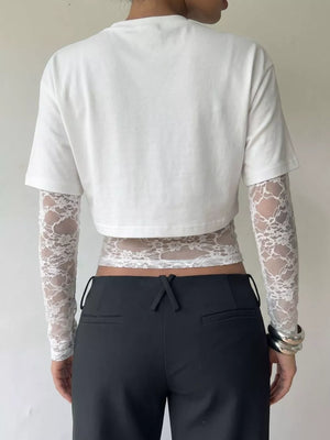 Lace Patchwork Short Sleeve T-shirt in Black, editorial view