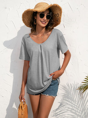 Grey v-neck t-shirt with short sleeves and a subtle front pleat detail.