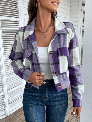 Checked plaid shacket in deep purple with patch pockets and button closure.