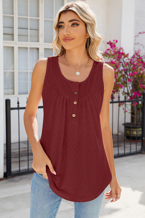 Eyelet button-front tank top in rust with gathered neckline and scoop neck.