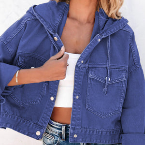 Royal blue denim utility hoodie with buttoned pockets and drawstring hood.