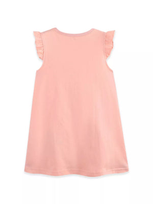 Pink cotton toddler dress with ruffled cap sleeves and a-line cut.