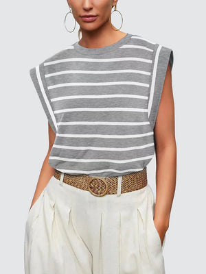 Padded shoulder tank top with grey and white Breton stripes and a round neckline.