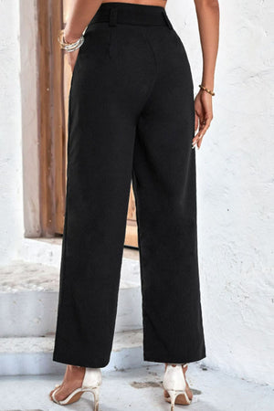 Black belted high-waist palazzo trousers with a cinched waist and wide leg