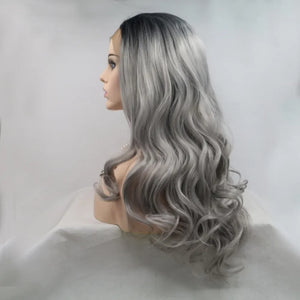 Silver ombre lace front wig with loose waves and black roots.