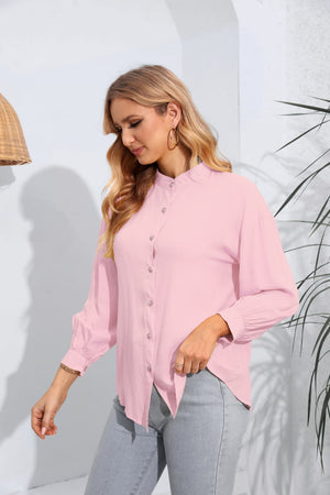 Pink mandarin collar blouse with gathered sleeves and buttons