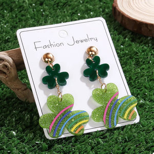 Gold ball stud clover dangle earrings with green glitter and colorful stripes