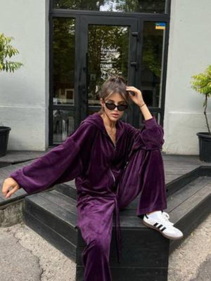 Plush velour loungewear set in Violet, featuring a zip-up hoodie and wide-leg pants.