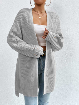 Longline Heather Gray knit open cardigan with ribbed texture and openwork detail on sleeves.