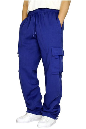 Royal blue fleece cargo lounge trousers with drawstring waist and side pockets.