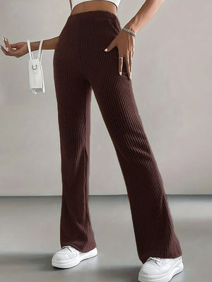 Brown ribbed high waist flare pants with a comfortable, dressy fit.