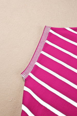 Boxy knit tee in hot pink with white stripes and contrast ribbed trim detail.
