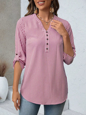 Red Stripe V-neck blouse with roll-up sleeves and button detail