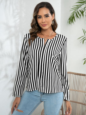 Vertical stripe blouse with keyhole neckline and long sleeves