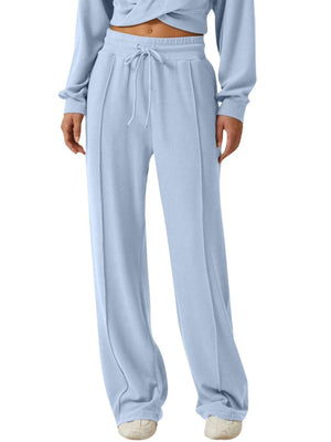 Light blue cropped twist-front top and relaxed pants set with drawstring waist