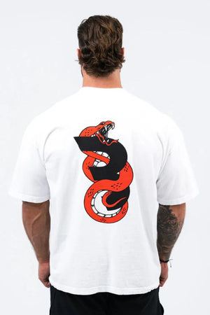 White oversized graphic tee with a red and black coiled snake design on the back.