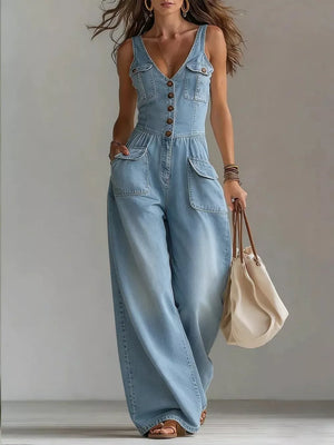 Button-front Denim Wide-leg Jumpsuit in Black, model styling view