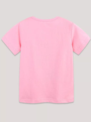 Pink cotton crew neck t-shirt with short sleeves.