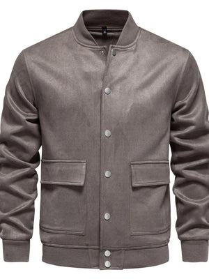 Dark Gray suede-effect bomber jacket with snap closure and chest pockets.