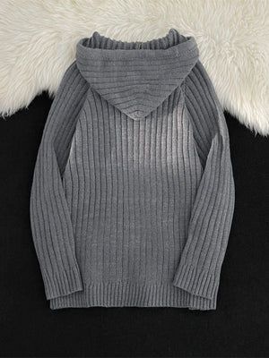 Gray ribbed knit hooded sweater with a relaxed fit.
