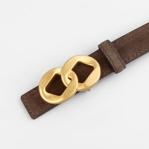 Brown cowhide leather belt with interlocking gold buckle detail
