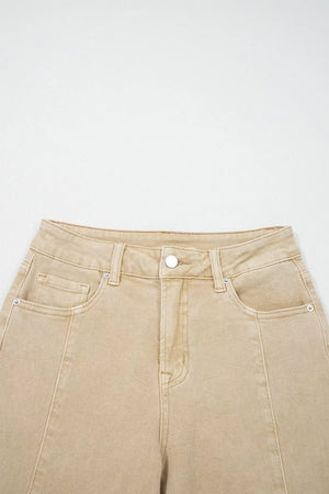 High-waisted cropped wide-leg jeans in tan denim with front pockets and button closure.