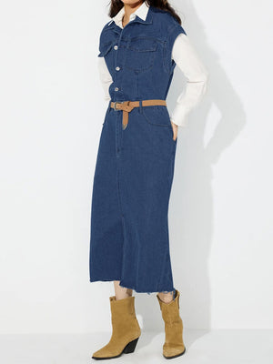 Sleeveless dark wash denim midi dress with button front, slit, and frayed hem.